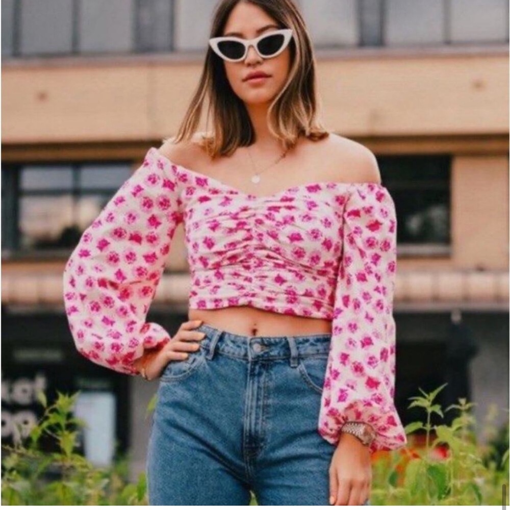 Zara Pink Floral Off The Shoulder Ruched Bardot Top